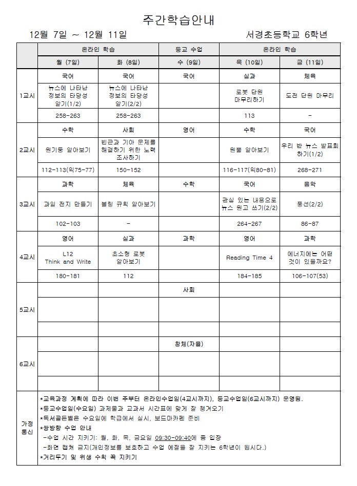 주간학습안내(12월 2주)