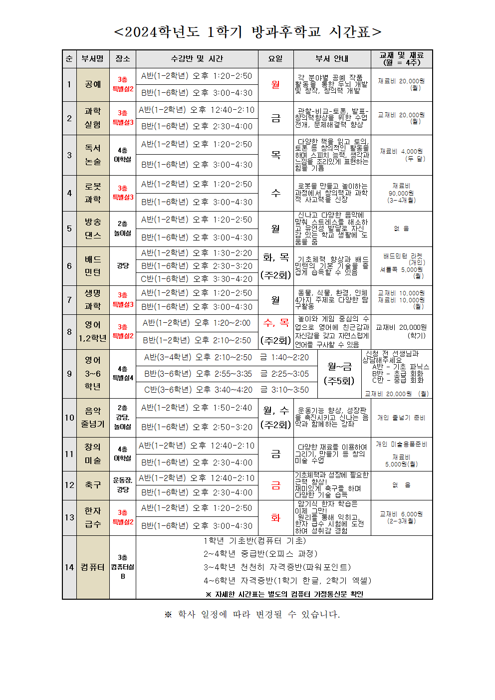 2024학년도 1학기 방과후학교 수강신청 안내 가정통신문002